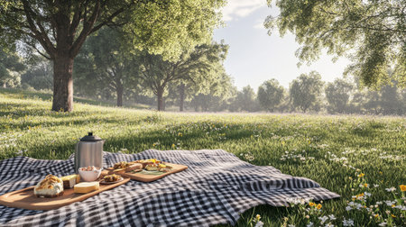 A peaceful outdoor picnic setup featuring delicious food on a checkered blanket, surrounded by lush greenery and vibrant flowers in a serene natural setting.の素材