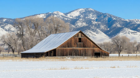 A beautiful winter scene featuring a weathered wooden barn against snow-covered fields and stunning mountains, capturing the tranquility of rural life in a serene setting.の素材