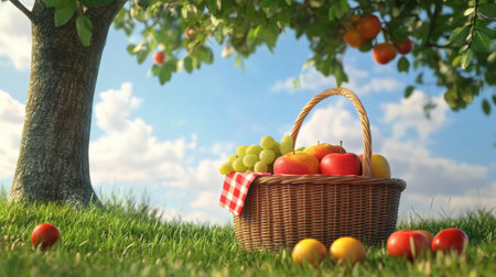 A picturesque scene of a wicker basket filled with assorted fruits, set against a beautiful orchard backdrop with lush grass and a clear sky, perfect for evoking feelings of health and nature.の素材