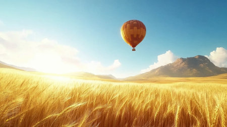A stunning hot air balloon floats gracefully above golden wheat fields, with mountains and a bright blue sky in the background, creating a picturesque and serene landscape.の素材