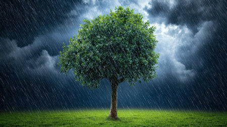 A solitary green tree stands resilient amidst heavy rain, surrounded by dramatic storm clouds, showcasing a powerful scene of nature's beauty and strength in challenging weather.の素材