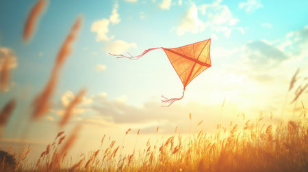 A colorful kite dances in the golden light of sunset, soaring above a lush field, evoking feelings of freedom and joy in a tranquil natural setting.の素材