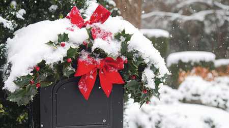 A charming winter scene featuring a snow-covered mailbox decorated with holly and a bright red bow, evoking the warmth and joy of the holiday season.の素材