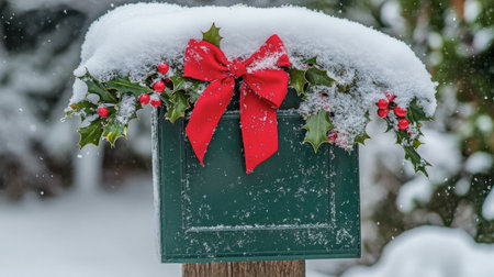 This beautiful scene features a snow-covered mailbox decorated with a bright red bow and holly, capturing the essence of winter holidays and festive cheer. Perfect for seasonal imagery.の素材