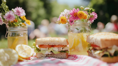 A delightful outdoor picnic featuring a delicious sandwich, fresh lemons, and vibrant flowers in mason jars, perfect for summer gatherings and relaxation in nature.の素材
