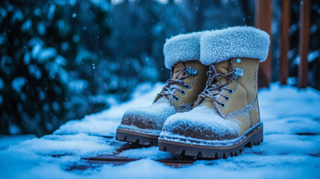Capture the essence of winter with these cozy boots resting in fresh snow, showcasing a beautiful snowy landscape ideal for outdoor adventures and seasonal fashion.の素材
