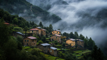 Explore the beauty of a remote mountain village enveloped in mist, showcasing charming houses nestled amidst lush greenery and serene landscapes at twilight.の素材