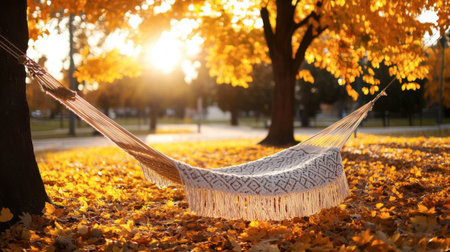 Enjoy a serene autumn setting featuring a comfortable hammock nestled beneath a vibrant maple tree, bathed in soft sunlight and surrounded by colorful fallen leaves.の素材
