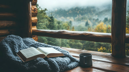 A cozy cabin nook showcases an open book and a warm beverage, inviting relaxation while overlooking a stunning autumn landscape through a rustic window. Perfect for tranquil moments.の素材