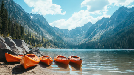 A picturesque view of orange kayaks resting on a sandy shore of a serene lake, surrounded by stunning mountains and lush forests under a bright sky. Perfect for outdoor adventure.の素材