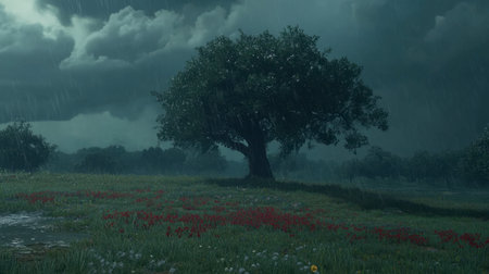 A captivating scene featuring a solitary tree amidst a lush field, surrounded by heavy rain and dark clouds, evoking feelings of solitude and natural beauty.の素材