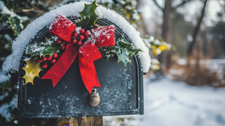 A beautifully decorated Christmas mailbox adorned with holly, a bright red bow, and snow, set against a tranquil winter background. Perfect for festive themes.の素材