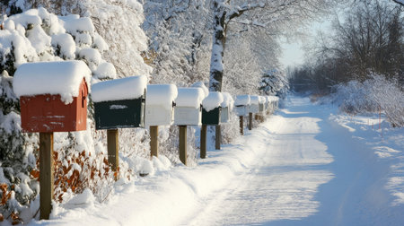 Discover a serene winter landscape with charming mailboxes lined along a snowy trail, showcasing nature's beauty and tranquility in a quiet rural setting.の素材