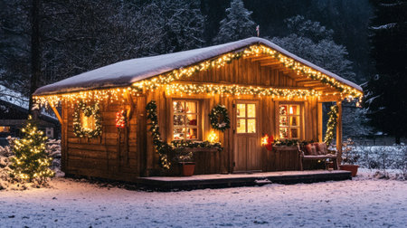 A charming wooden cabin adorned with Christmas lights stands out in a snowy landscape, creating a warm and inviting atmosphere perfect for the winter season.の素材