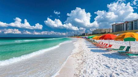 A stunning beach scene showcasing vibrant umbrellas and lounge chairs along a pristine shoreline, perfect for a relaxing summer getaway by the sparkling turquoise sea.の素材