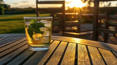 A refreshing cocktail sits in a glass adorned with mint leaves and ice, resting on a wooden table against a stunning sunset, perfect for summer enjoyment.の素材