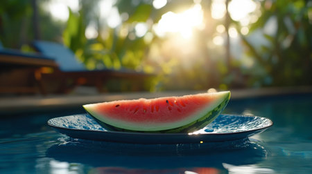 A vibrant slice of watermelon rests on a blue plate, floating on a pool, illuminated by warm sunlight, surrounded by lush greenery, perfect for summer refreshment.の素材