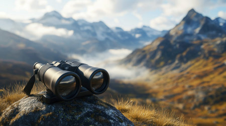 A pair of high-quality binoculars sits on a rocky surface, offering an inviting view of the expansive mountainous landscape, showcasing the beauty of nature and exploration.の素材