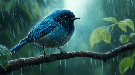 A striking blue bird sits on a branch in a rain-drenched forest, glistening droplets covering its feathers, embodying the peace and beauty of a rainy day in nature.の素材