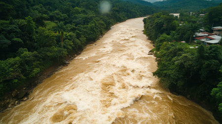 Stunning aerial view of a powerful river flowing through a vibrant tropical landscape, surrounded by rich greenery and showcasing the raw force of nature. Perfect for nature enthusiasts.の素材