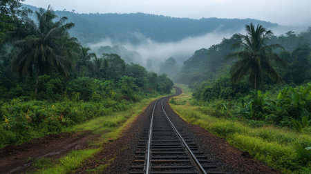 A tranquil scene showcasing railway tracks winding through a lush tropical forest, enveloped in morning mist with mountains in the background, evoking a sense of adventure and serenity.の素材
