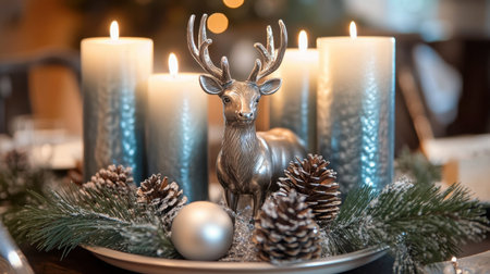 This stunning Christmas table decoration features a silver reindeer surrounded by glowing candles and pinecones, creating a warm and inviting atmosphere for the holiday season.の素材