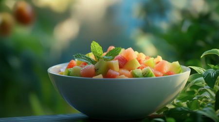 Enjoy a vibrant and fresh fruit salad featuring cubed melons, apples, and kiwis, garnished with mint in a beautiful outdoor setting filled with greenery.の素材