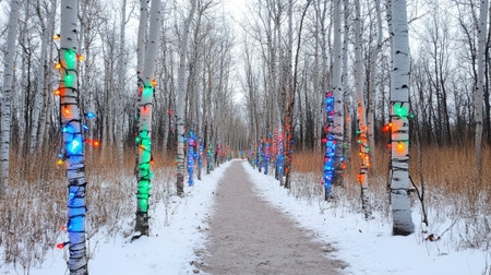 A serene winter pathway lined with illuminated trees, adorned with colorful lights, creating a vibrant and festive atmosphere in a snowy forest landscape.の素材
