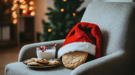 A warm and inviting scene featuring a chair adorned with a Santa hat, complemented by milk and cookies ready for Santa, with a festive atmosphere and twinkling lights in the background.の素材