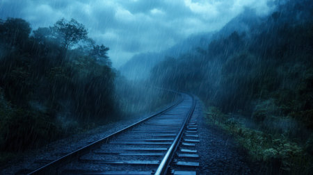 A tranquil yet dramatic scene of an empty railway track during heavy rain, surrounded by lush greenery and foggy mountains, creating a mysterious and introspective atmosphere.の素材