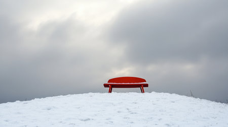 A solitary red bench sits atop a snowy hill, surrounded by soft clouds, creating a tranquil scene that invites reflection and peace amid winter's chill.の素材