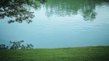 A serene lakeside view showcases calm waters reflecting lush greenery. The peaceful atmosphere invites relaxation and moments of tranquility in nature.の素材