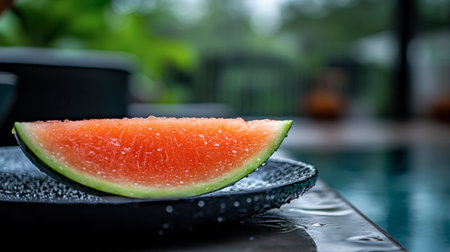 A vibrant slice of watermelon rests on a stylish black plate adorned with dew drops, set against a serene poolside backdrop, embodying the refreshing essence of summer moments.の素材