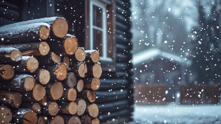A charming winter scene featuring a stack of logs beside a rustic cabin, surrounded by falling snowflakes, creating a warm and inviting atmosphere in a serene forest setting.の素材