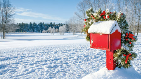 A vibrant red mailbox adorned with a festive wreath stands in a serene snowy landscape, showcasing winter beauty under a clear blue sky, capturing the essence of the holiday season.の素材