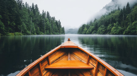 A serene view from the front of a wooden boat on a misty lake, surrounded by lush forests. The tranquil setting invites relaxation and appreciation of nature's beauty.の素材