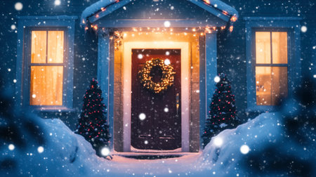 A charming winter home entrance featuring a decorative wreath and glowing lights, surrounded by snow and flurries, evoking a warm holiday atmosphere perfect for the festive season.の素材