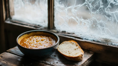 A inviting bowl of soup paired with a slice of bread rests on a wooden table next to a frosted window, creating a warm atmosphere perfect for winter dining.の素材