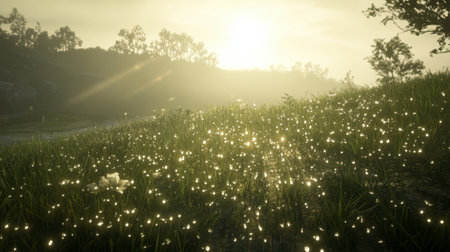 A stunning scene capturing the essence of a tranquil morning with dewdrops sparkling on lush grass, illuminated by soft sunlight. Perfect for nature enthusiasts and photographers.の素材