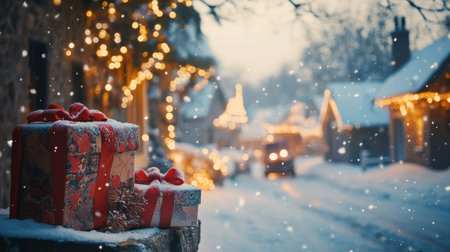 A picturesque winter setting featuring beautifully wrapped Christmas presents amidst a snowfall, with twinkling lights adorning charming village homes in the evening glow.の素材