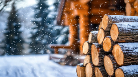 A picturesque winter scene showcasing a stack of snow-covered logs with a cozy cabin in the background, framed by snowy trees, perfect for seasonal themes and nature lovers.の素材