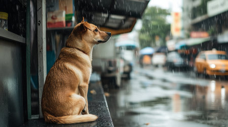 A beautiful moment captured of a dog sitting on the street as rain falls, showcasing emotions of solitude and contemplation in an urban environment.の素材