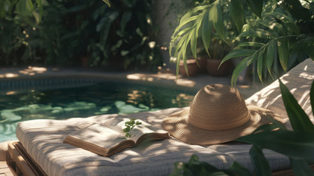 A picturesque scene showcasing a cozy hat and an open book on a sunlit lounge chair, adjacent to a tranquil pool surrounded by lush greenery, inviting relaxation and escape.の素材
