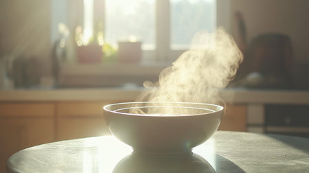 A serene scene of a warm bowl of soup emitting steam, captured in soft morning light, perfect for evoking feelings of comfort and home-cooked meals.の素材