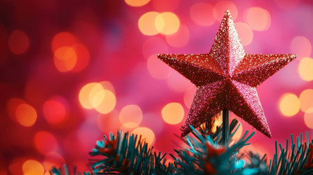 A beautiful red star tree topper shines vibrantly against a soft, bokeh background, capturing the essence of the holiday spirit and creating a festive atmosphere for celebrations.の素材