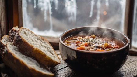A steaming bowl of hearty soup beside fresh slices of bread, set against a frosted window, perfect for capturing a cozy winter dining scene and nourishing comfort.の素材