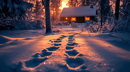 A picturesque winter scene featuring fresh footprints in the snow leading to a cozy cabin, illuminated by a warm glow against a stunning sunset in a serene forest setting.の素材