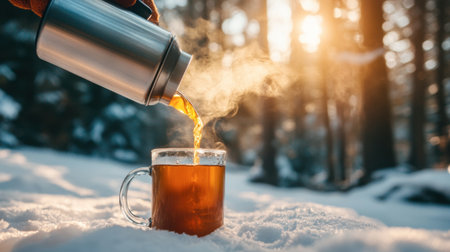 A cozy moment capturing warm tea being poured from a metal thermos into a glass cup, surrounded by fresh snow in a tranquil winter forest bathed in sunlight.の素材