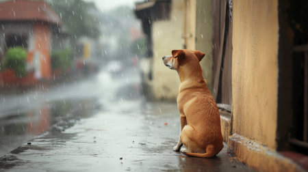 A solitary dog sits on a wet street during rainfall, gazing thoughtfully into the distance. The scene conveys feelings of solitude and the beauty of quiet moments in nature.の素材
