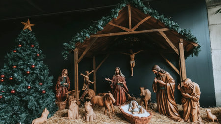 A beautifully arranged nativity scene featuring a wooden manger, charming figurines, and a Christmas tree, evoking the warmth and joy of the holiday season.の素材